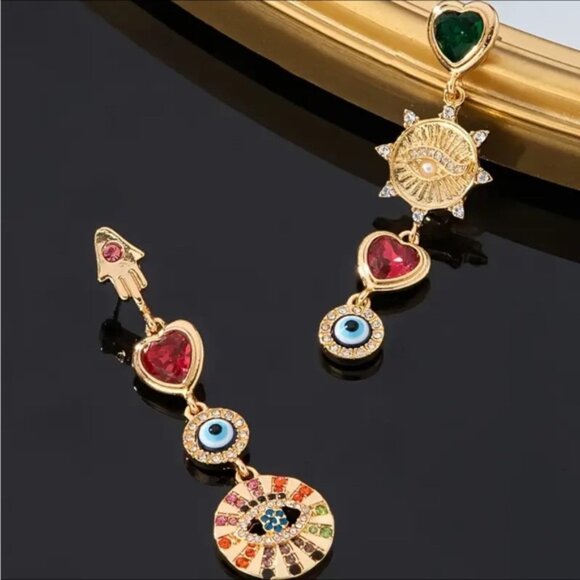 Bohemian Ethnic Seeing Eye Rhinestone  Heart Gold and Multicolor Dangle Earrings - Picture 3 of 5